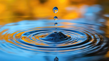 An energetic water droplet collision creating a beautiful reflection and ripple patternの素材