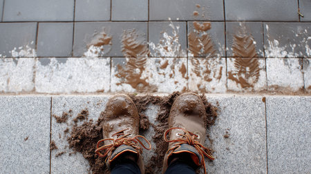 Muddy shoes stepping over a tiled surface, leaving clear and messy prints in their pathの素材