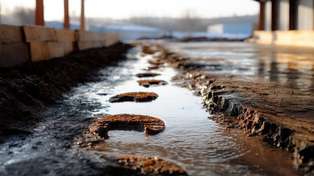 Mud trail from outdoors, visible through a row of clear footprints on a smooth indoor floorの素材