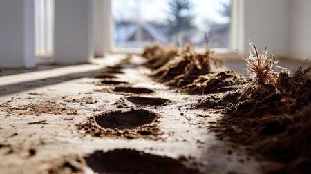 Mud trail from outdoors, visible through a row of clear footprints on a smooth indoor floorの素材