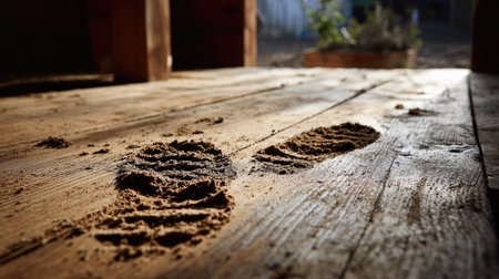 Muddy footprints on a wooden floor, showing detail in the tread and texture of the dirtの素材