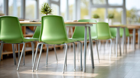 Modern schoolroom with green plastic chairs and laminated desks, shot from rear, empty settingの素材