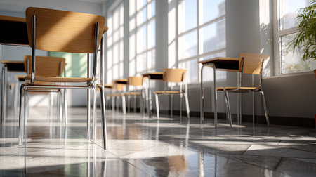 Neatly arranged desks and chairs in a minimalist modern classroom, natural light streaming inの素材