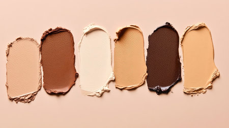 An artistic arrangement of foundation smears to showcase a range of skin tone shadesの素材