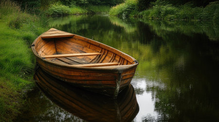 An isolated wooden rowboat tied to the bank of a tranquil stream, reflecting softly in the water's surfaceの素材