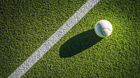 An isolated ball placed near the intersection of two lines on a grass-court corner, symbolizing competitionの素材