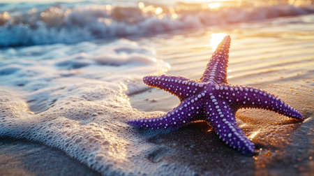 A beautiful purple-tipped starfish stranded on a calm, sunlit shore, symbolizing peace and relaxationの素材