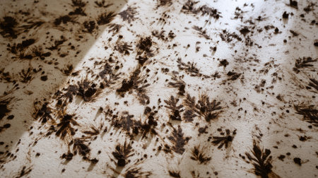 Multiple overlapping muddy prints on a pale floor, forming a chaotic and textured patternの素材