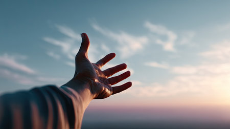 One hand reaching down and one up, close-up against a soft sky gradient backgroundの素材