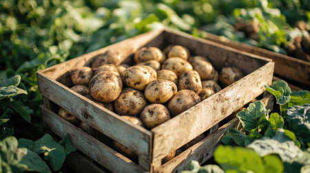 A close-up view of a box filled with organically grown, soil-dusted potato varieties, set in a green agricultural fieldの素材
