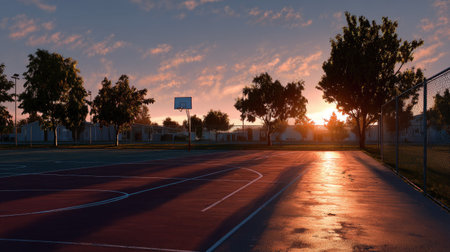 Outdoor court during golden hour, glowing rim and court lines, peacefully desertedの素材