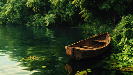 A charming scene featuring a solitary wooden boat anchored by the bank with rich green foliage all aroundの素材