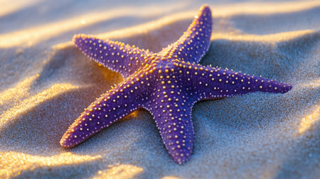 An isolated purple-hued starfish resting in pure sand, adding a charming, natural contrast to the sceneの素材