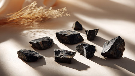 Natural black rocks in broken fragments laid out on a soft cream background with top lightingの素材