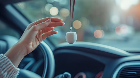 A hand reaching to adjust a hanging car air freshener, capturing the moment of refreshing the vehicle atmosphereの素材