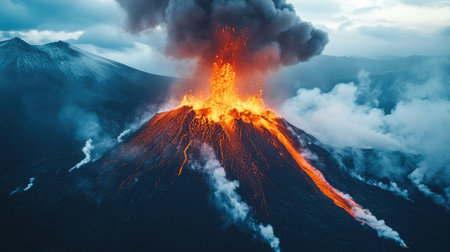 A dramatic view of a volcano's eruption, where explosive orange lava meets thick clouds of smoke and ashの素材
