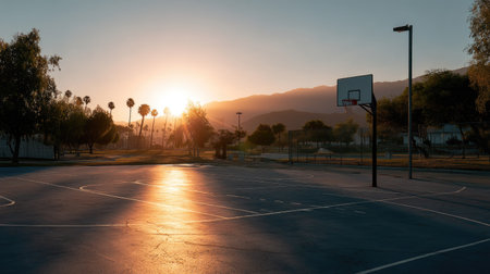 Outdoor court during golden hour, glowing rim and court lines, peacefully desertedの素材
