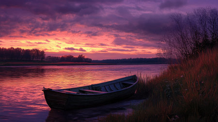 An atmospheric view of a small rowboat moored by the bank under a purple sunset skyの素材