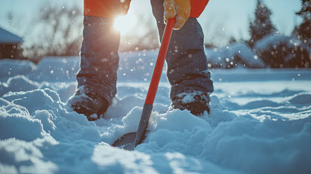 A hard-working person maintains their snow shovel, preparing for more snowfallの素材