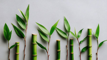 Overhead shot of green bamboo segments and sprouting leaves isolated on light grayの素材
