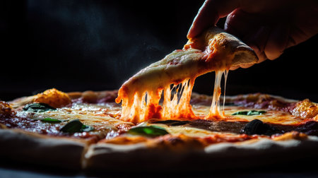 A hand boldly extending a slice of pizza toward the camera with dramatic lightingの素材