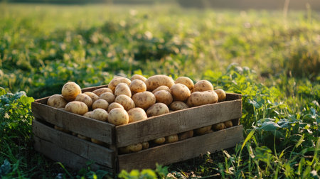 A charming farm scene featuring a box of freshly picked, raw, earthy-colored potatoes in a green fieldの素材