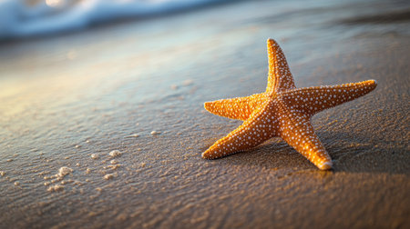 A perfectly preserved orange starfish on a smooth stretch of sand, representing a moment of serenityの素材