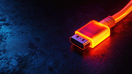 A glowing USB connector under neon lighting placed on a black background, giving a futuristic tech vibeの素材