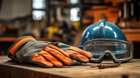 A pair of gloves with orange rubber palms resting next to safety goggles and a hard hat on a workshop tableの素材