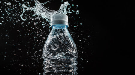 A dramatic moment as a water bottle opens, sending a burst of water splashed into the air, isolated against a black backgroundの素材
