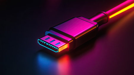 A glowing USB connector under neon lighting placed on a black background, giving a futuristic tech vibeの素材