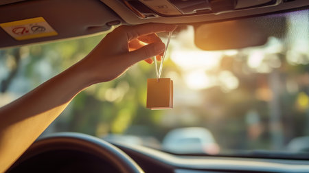 A hand reaching to adjust a hanging car air freshener, capturing the moment of refreshing the vehicle atmosphereの素材