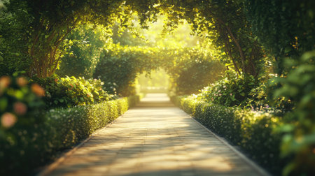 An empty walkway through a garden, with rich green foliage and warm sunlight glowing in the backgroundの素材