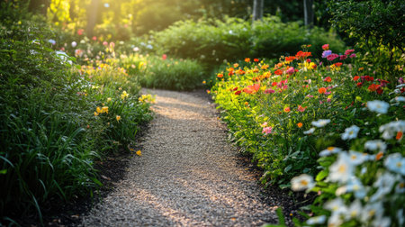 An isolated, empty garden trail surrounded by colorful flowers and rich green grass in the first light of dayの素材
