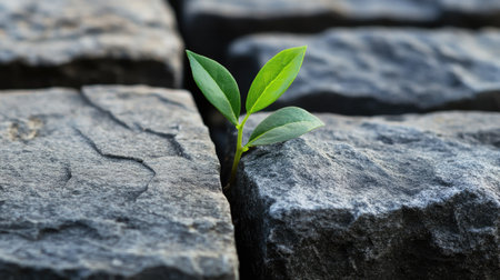 A small green plant pushing through a narrow gap in rough stone blocks, symbolizing growth in adversityの素材
