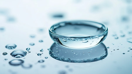A single contact lens resting on a glassy surface with water drops glistening under soft light, creating a clean, medical aestheticの素材