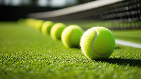 A row of bright yellow tennis balls resting on a spotless artificial grass surface, ready for a matchの素材