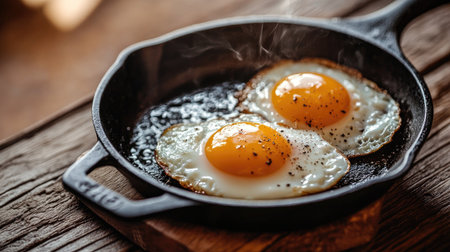 A pair of sunny-side up eggs cooking to perfection in cast iron, with a vintage kitchen backgroundの素材