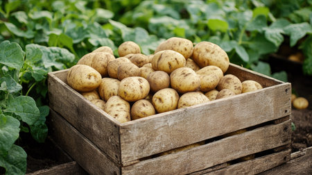 A box full of rich, organic potato varieties, set against a backdrop of growing green potato plantsの素材
