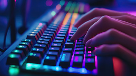 A dynamic gaming scene showing fingers on WASD keys of a mechanical keyboard with rainbow lighting effectsの素材