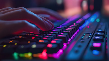 A dynamic gaming scene showing fingers on WASD keys of a mechanical keyboard with rainbow lighting effectsの素材