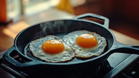 A pair of sunny-side up eggs cooking to perfection in cast iron, with a vintage kitchen backgroundの素材