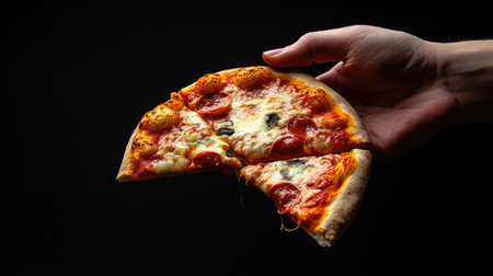A food lover's hand grabbing a slice of pizza against a stylish black backgroundの素材