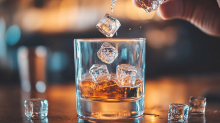 A person's hand drops bullet-shaped ice cubes into a clear glass, adding a chilled twist to their drinkの素材