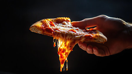 A hand boldly extending a slice of pizza toward the camera with dramatic lightingの素材