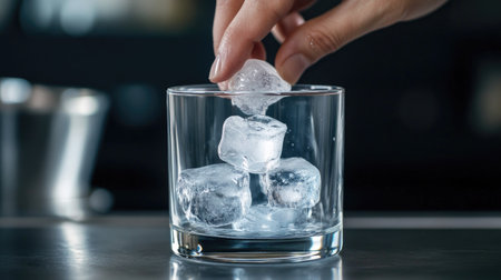 A person's hand adding a few bullet ice cubes to a glass for a chilled beverageの素材