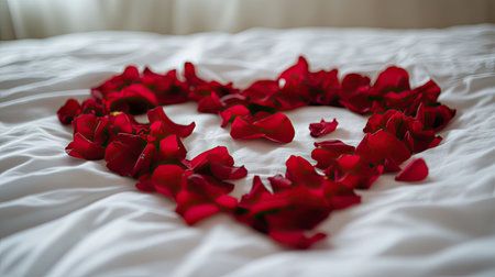 A heart shape carefully arranged with red rose petals on white bed sheets, symbolizing love and romanceの素材