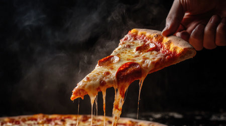 A hand lifting a warm, melty pizza slice against a dramatic dark backgroundの素材