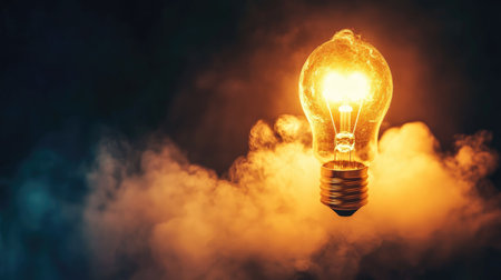 Concept of idea light bulb blasting off into sky with glowing light and smoke trail, representing motivation and imaginationの素材