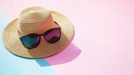 Minimalist flat lay of straw hat and sunglasses on a pastel surface, capturing a simple yet fashionable summer aestheticの素材